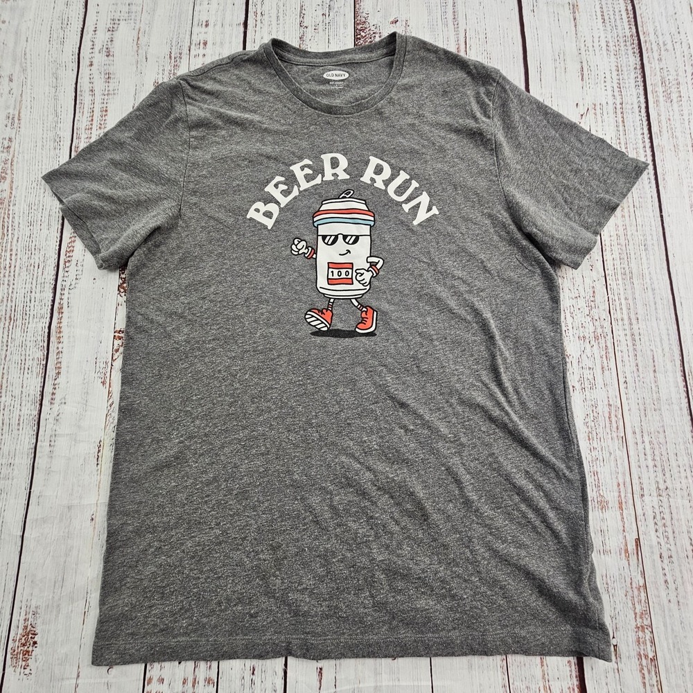 Beer Run Old Navy Funny Gray Short Sleeve Cotton Blend T-Shirt Men's L
